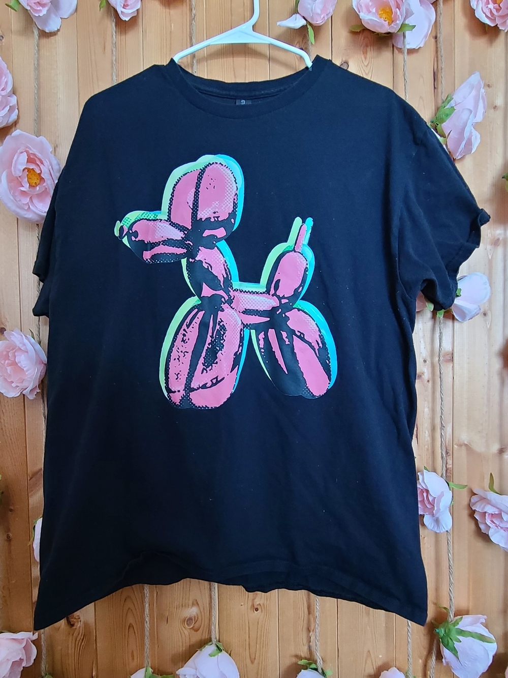 Black Tee with Pink Balloon Dog Graphic and Neon Accents